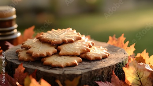 Leaf-Shaped Autumn Cookies on Rustic Outdoor Table with Warm Sunlight and Surrounding Foliage