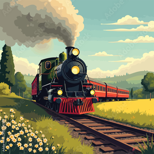 a train traveling down the tracks through a field