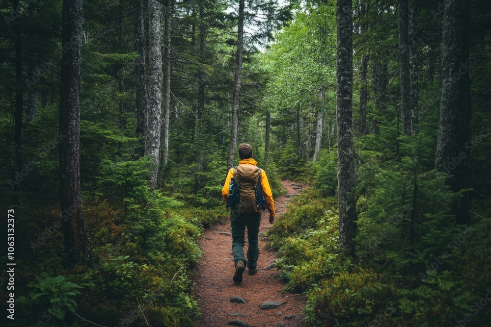 A lone hiker with a backpack confidently strides through a lush, vibrant green forest path, surrounded by towering trees and dense foliage, embracing nature's tranquility. A lone hiker with a backpack confidently strides through a lush, vibrant green forest path, surrounded by towering trees and dense foliage, embracing nature's tranquility.