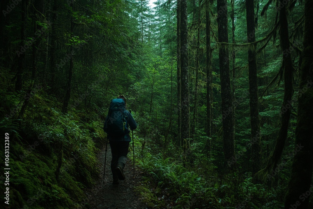 A backpacker navigates through a dense green forest with hiking poles, surrounded by verdant trees and moss-covered ground, epitomizing adventure and exploration. A backpacker navigates through a dense green forest with hiking poles, surrounded by verdant trees and moss-covered ground, epitomizing adventure and exploration.