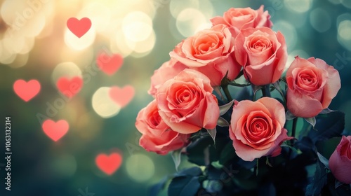 A beautiful bouquet of roses with soft heart shapes floating