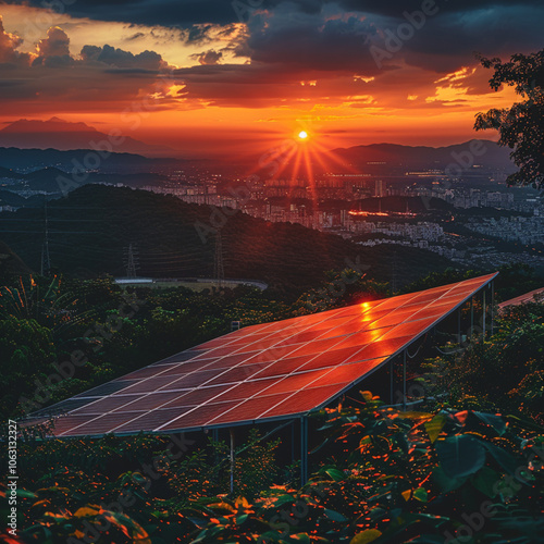Concept of sustainable energy solutions in beautiful sunset light