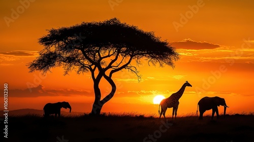 African safari animals at sunset	