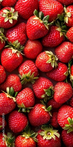 Fresh red strawberries scattered together. A vibrant display full of juicy goodness. Perfect for healthy recipes, desserts, or summer snacks. Ideal for food photography. AI