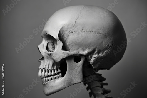 A realistic side profile of a human skull emphasizing the intricate suture lines on the cranium, symbolizing mortality and the passage of time.