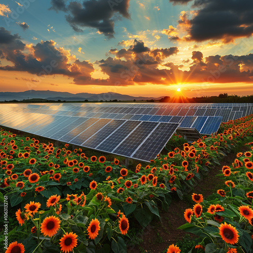 Concept of sustainable energy solutions in beautiful sunset light