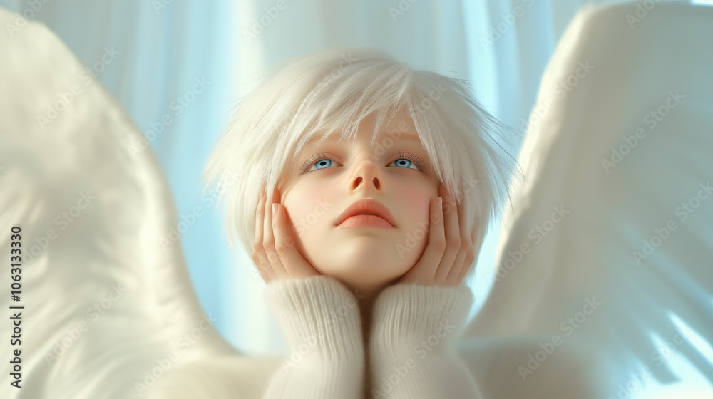 Naklejka premium A young child with angelic features and white wings contemplates in a serene atmosphere