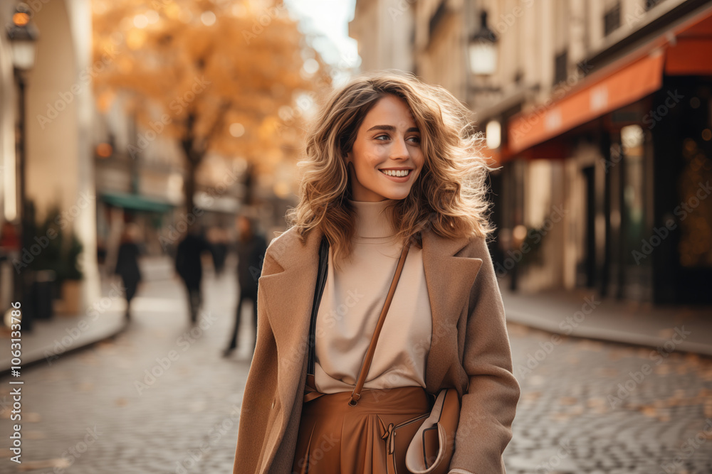 Fototapeta premium Radiant woman walking on autumn street