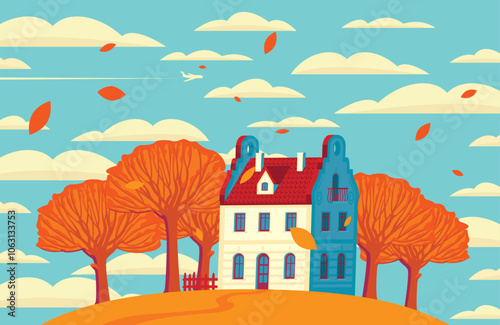 Autumn landscape with town house, yellowed trees and clouds in the bright blue sky. Cartoon children's fall illustration. Decorative vector banner in flat style