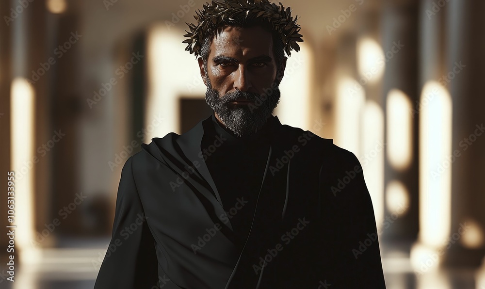 Fototapeta premium Man in black robe and crown stands in a hallway.