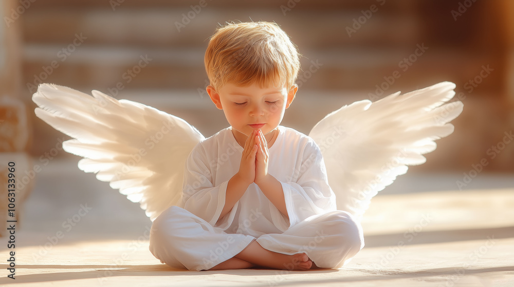 Fototapeta premium Young child dressed in white with angel wings praying peacefully in a serene environment