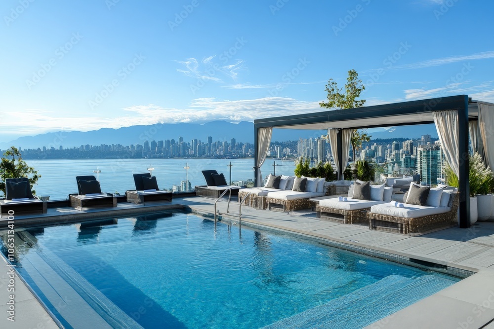 Fototapeta premium A luxurious rooftop pool with cabanas overlooking a panoramic city view, illuminated by clear daytime skies, offering an exclusive, relaxing escape in urban settings.