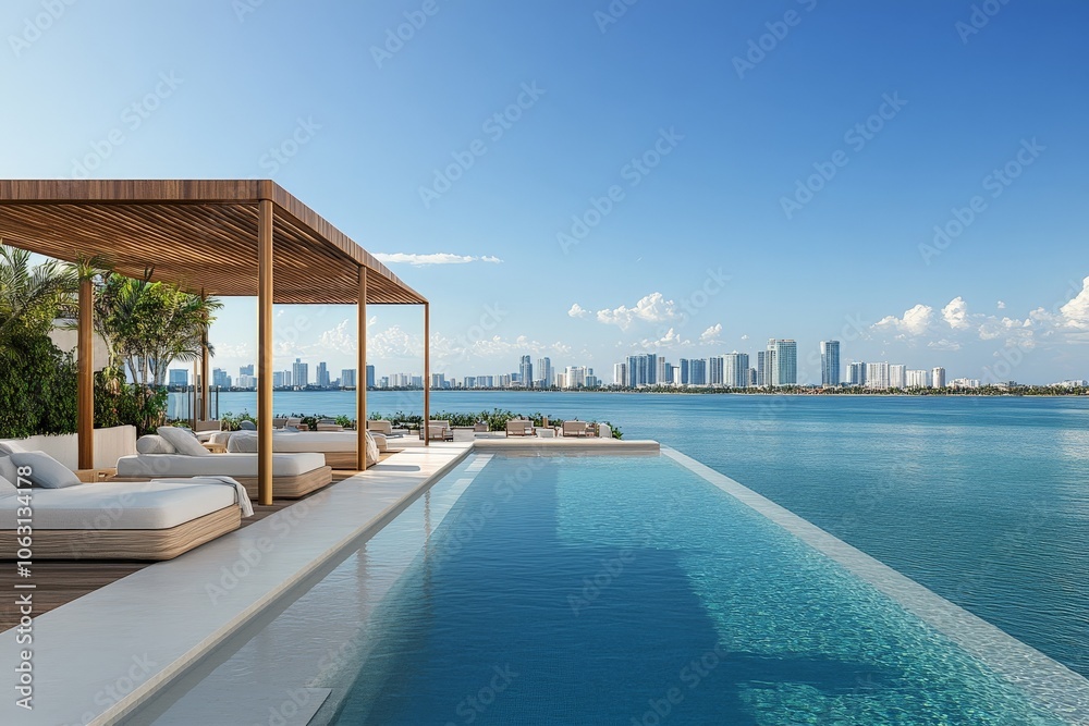 Fototapeta premium This image captures a sleek modern infinity pool with minimalist design overlooking a large bay, with a city skyline in the distance under a bright, clear sky.