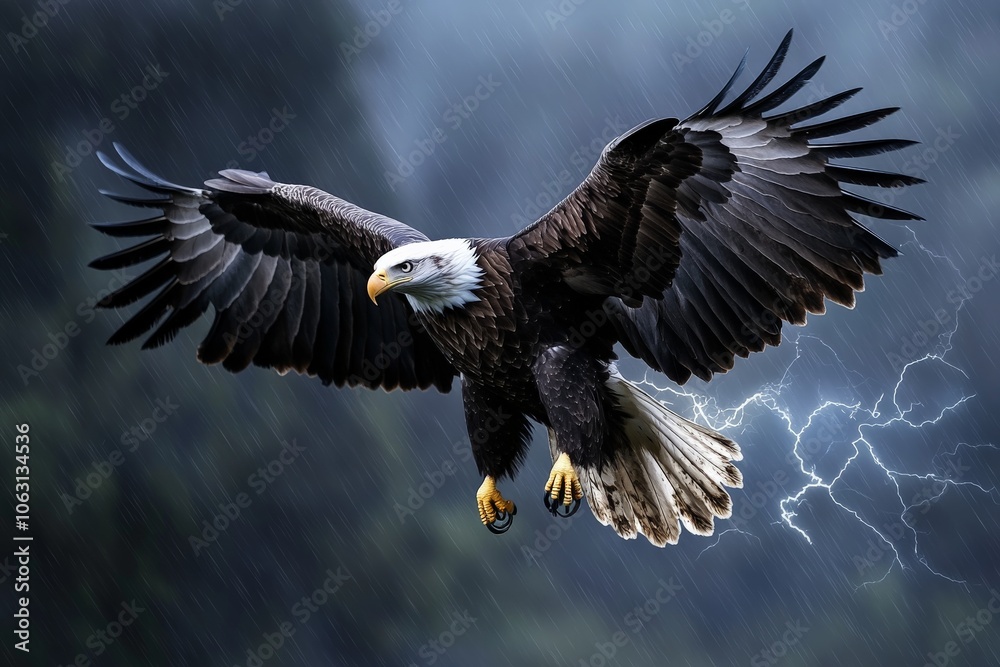 Fototapeta premium An awe-inspiring image of a majestic eagle captured mid-flight against a stormy background, with lightning flashes illuminating its powerful wingspan.