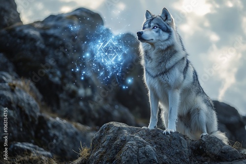 A majestic wolf with a glowing blue aura stands proudly on a rugged mountainous landscape, exuding a sense of mystery, wisdom, and natural beauty. photo