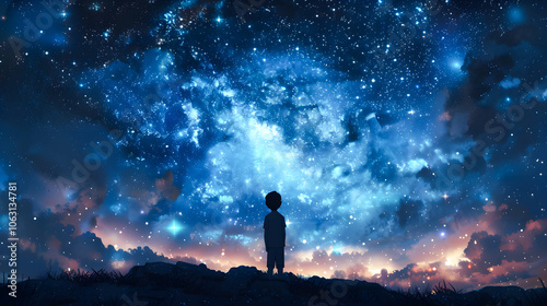 illustration of a boy looking at night starry sky with glitter glow galaxy flicker above, idea for prayer of hope, love, peace theme