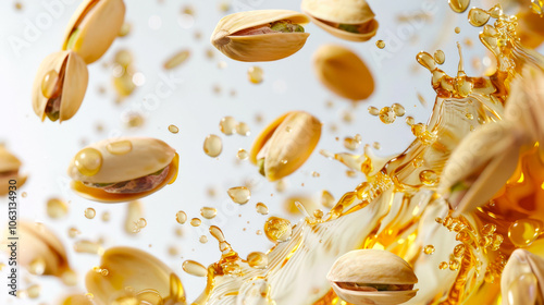 Pistachio oil. Pistachios in drops of golden caramel. A delicious natural snack. A close-up of a handful of pistachios and splashes of thick honey.  The scene turned out to be playful
