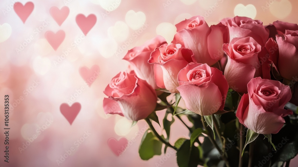 A bouquet of roses against a soft, heart-filled background A bouquet of roses against a soft, heart-filled background