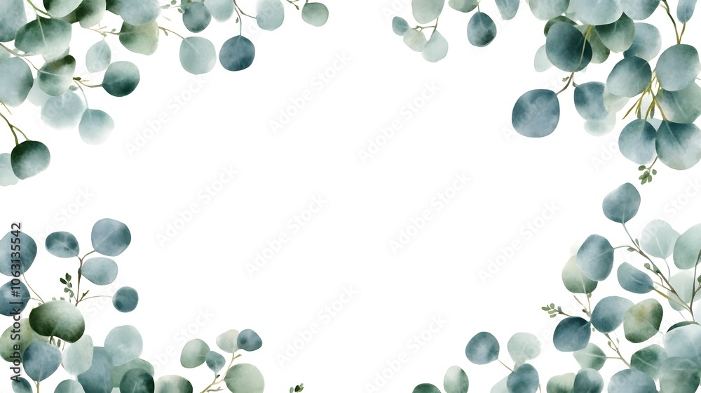 Collection of watercolor green eucalyptus wreaths and frames on white background with white borders, ideal for easy sticker-making. This set features delicate foliage in a natural style Collection of watercolor green eucalyptus wreaths and frames on white background with white borders, ideal for easy sticker-making. This set features delicate foliage in a natural style