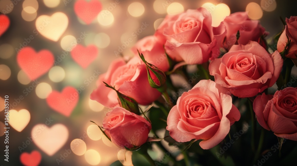 A bouquet of roses in full bloom with soft, glowing hearts