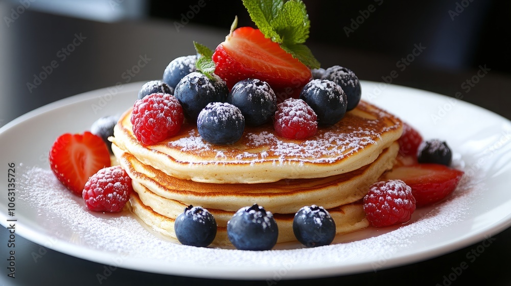A stack of golden brown pancakes topped with fresh blueberries, raspberries, and strawberries, dusted with powdered sugar. A stack of golden brown pancakes topped with fresh blueberries, raspberries, and strawberries, dusted with powdered sugar.