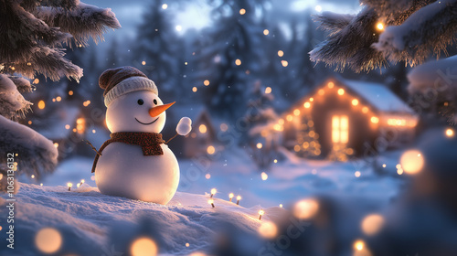 Сhristmas card with Christmas holiday mood and vibes. Cute smiling cartoon snowman with a cozy house and snow covered Christmas trees in the background for festive winter holiday greetings and decor