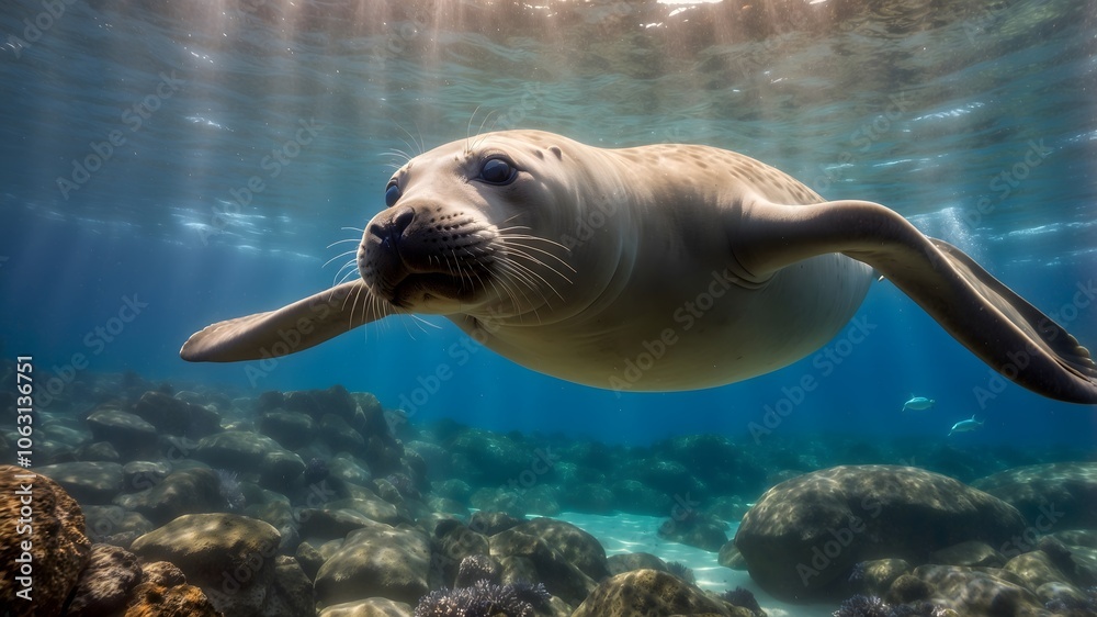 Fototapeta premium Vibrant Depths: A Monk Seal's Adventure with Turtles and Dolphins
