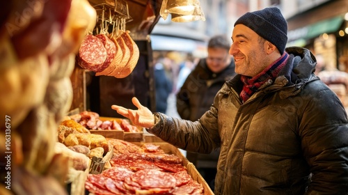 A butcher showcasing a variety of cured meats, carefully photo