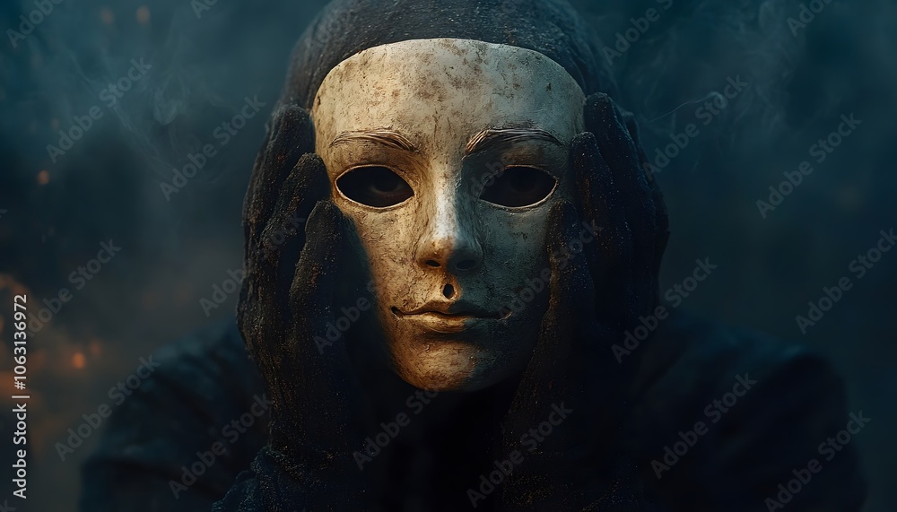 A haunting figure shrouded in darkness, holding a mysterious mask, evoking themes of identity and concealment in an eerie atmosphere. A haunting figure shrouded in darkness, holding a mysterious mask, evoking themes of identity and concealment in an eerie atmosphere.