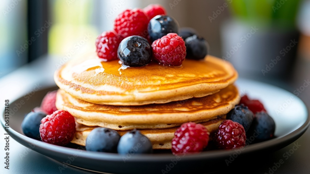 A stack of golden brown pancakes topped with fresh raspberries and blueberries, drizzled with syrup. A classic and delicious breakfast. A stack of golden brown pancakes topped with fresh raspberries and blueberries, drizzled with syrup. A classic and delicious breakfast.