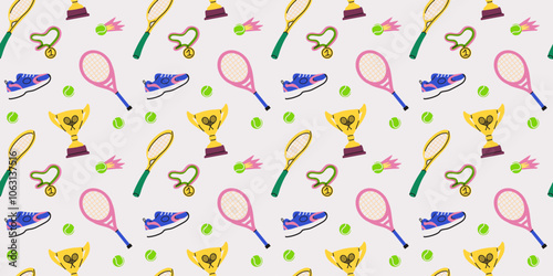 Tennis seamless pattern, cartoon elements. Ball, rackets, sneakers and cup. Sports equipment. Decor textile, wrapping paper, wallpaper design. Print for fabric. Vector isolated colorful illustration