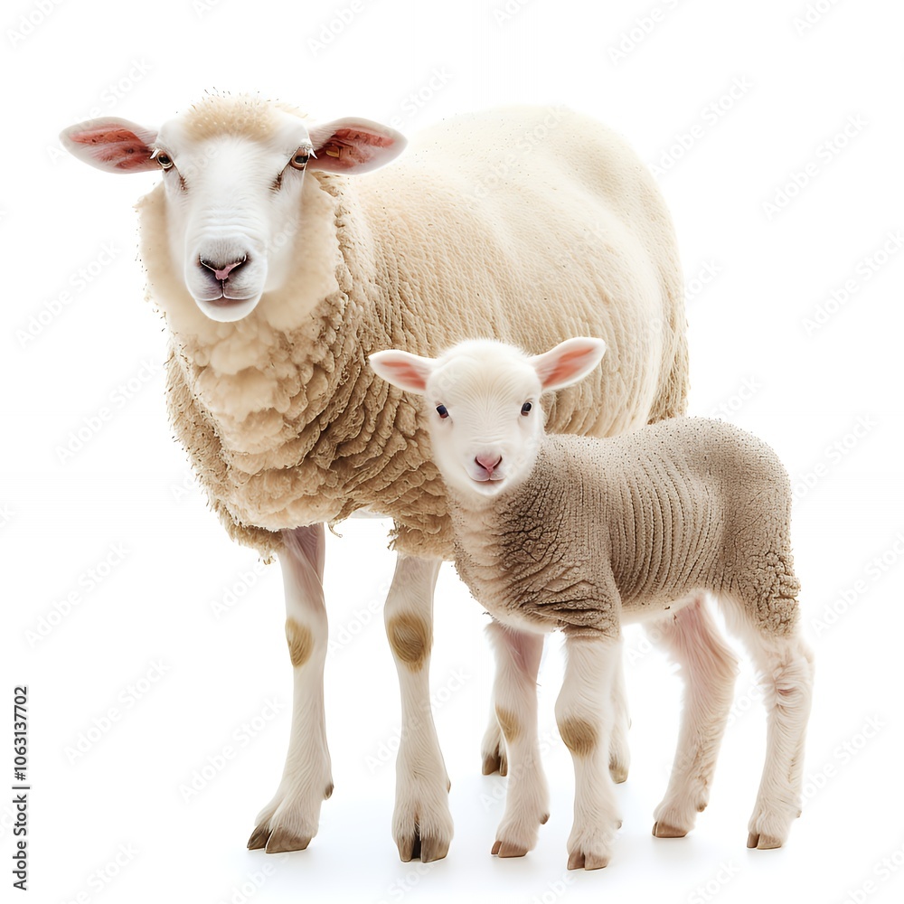 Fototapeta premium A mother sheep and her lamb standing together on a white background.