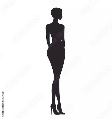 Silhouette of a tall woman, full-body, wearing high heels, vector illustration, white background,