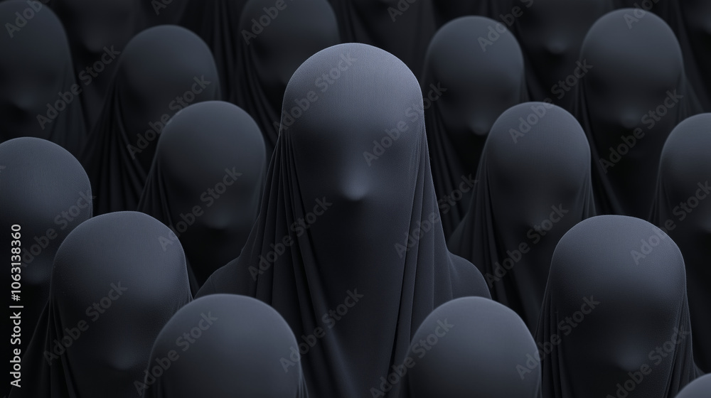Obraz premium Crowd of faceless figures in black attire gathered in a dimly lit environment