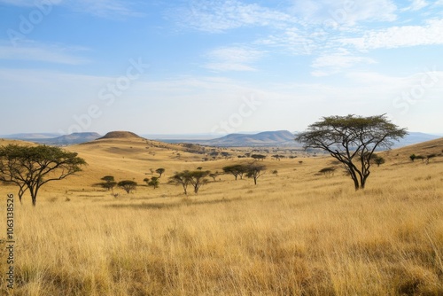 Savanna expanse showcasing acacia trees and dry grass on rolling hills