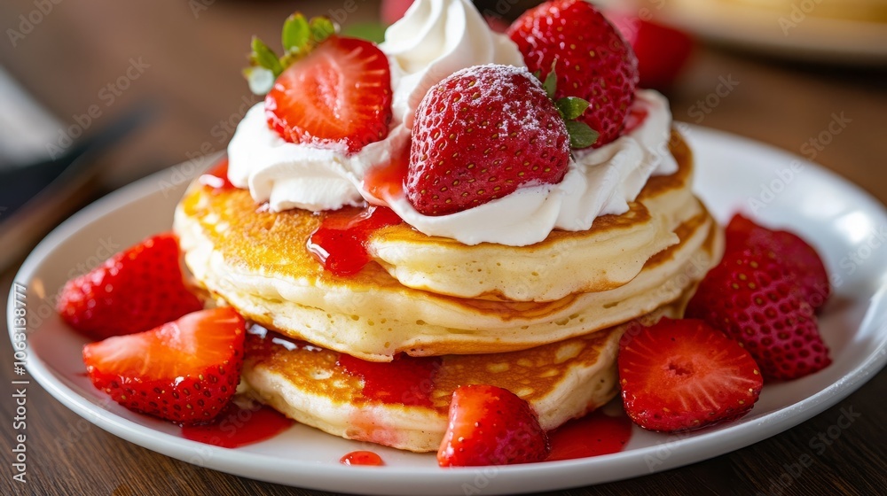 A stack of fluffy pancakes topped with whipped cream, strawberries, and a drizzle of strawberry sauce. The perfect sweet treat for a weekend brunch. A stack of fluffy pancakes topped with whipped cream, strawberries, and a drizzle of strawberry sauce. The perfect sweet treat for a weekend brunch.