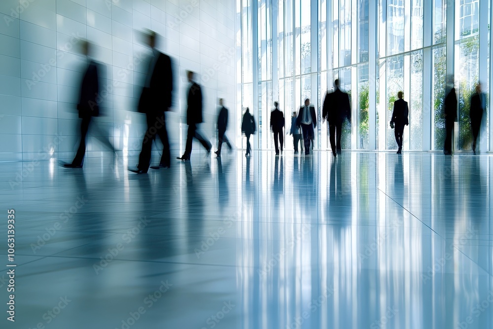 A blurred crowd of business professionals walking in a modern office hallway with large windows, symbolizing corporate activity. Ideal for themes of business, corporate environment, and networking. A blurred crowd of business professionals walking in a modern office hallway with large windows, symbolizing corporate activity. Ideal for themes of business, corporate environment, and networking.