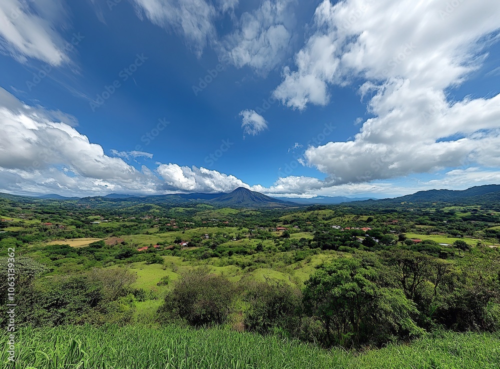 Fototapeta premium Stunning panoramic view of a lush green valley with a majestic volcano in the background.