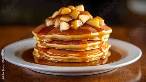 A stack of fluffy pancakes topped with caramelized apples and drizzled with a sweet syrup.