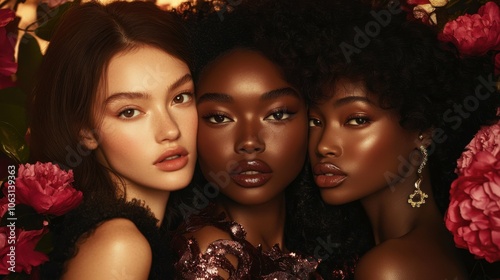 An ultra-realistic image of three Charlotte Tilbury brand models, stylishly posed in a lavish environment, highlighting elegance through luxurious design and soft lighting.