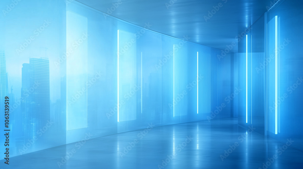 A modern, illuminated corridor with blue lighting and city views during twilight hours