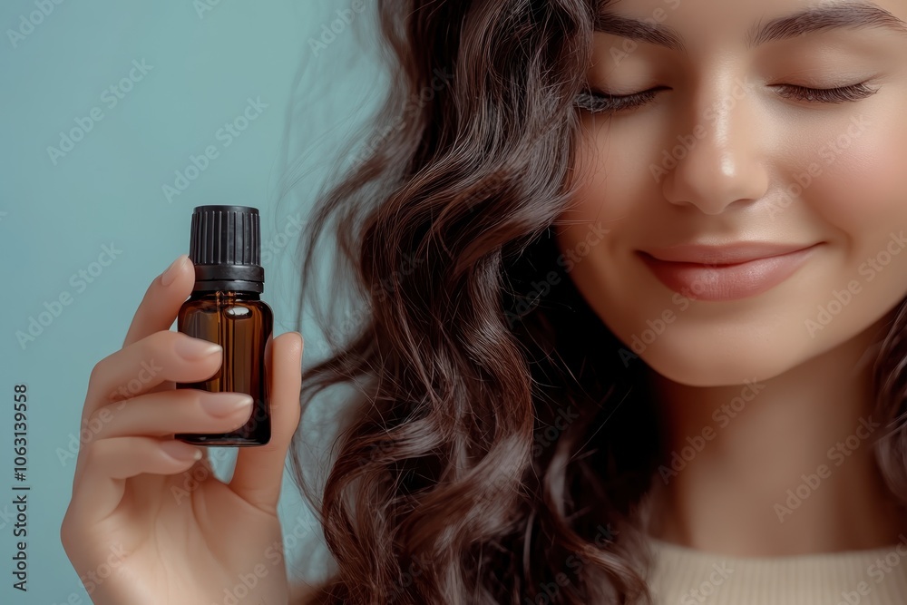 Smiling Woman Holding Serum Bottle Smiling Woman Holding Serum Bottle