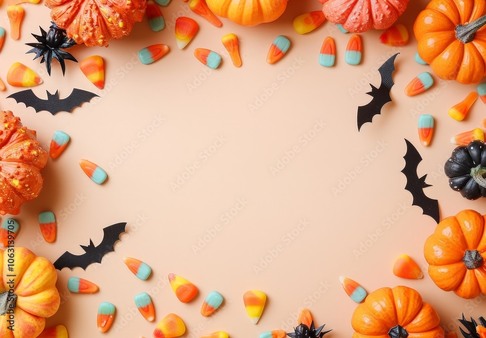 Obraz premium Halloween Festive Decoration with Pumpkins, Bats, and Candy Corn