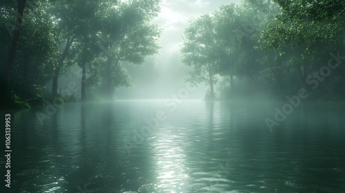 A Calm Lake Shrouded in Morning Fog, with Soft Light Reflecting on the Water’s Surface, Creating a Serene and Tranquil Atmosphere 