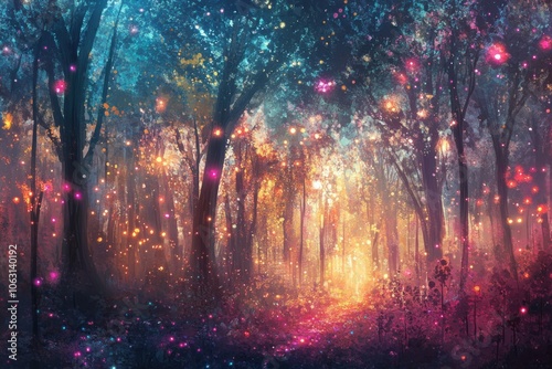 Dreamlike forest with colorful trees and sparkling lights, enchanting environment filled with wonder, abstract shapes and hues creating a magical ambiance, mystical journey into nature