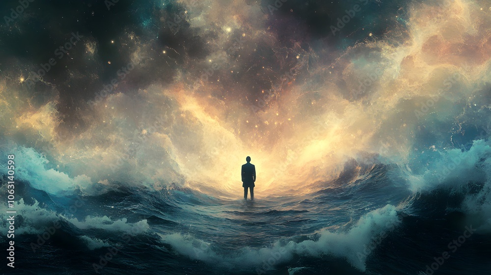 A solitary figure stands amidst a cosmic sea, embodying the spirit of exploration and wonder in a dreamlike landscape. A solitary figure stands amidst a cosmic sea, embodying the spirit of exploration and wonder in a dreamlike landscape.