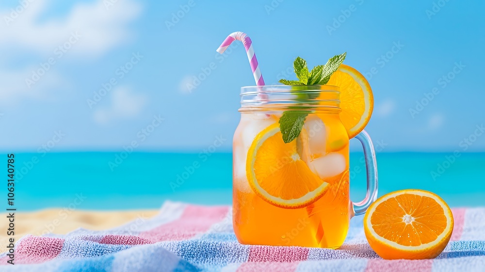 Obraz premium Iced orange drink in a mason jar with a straw, orange slices, and mint leaves on a beach towel with a blue sky and ocean in the background.