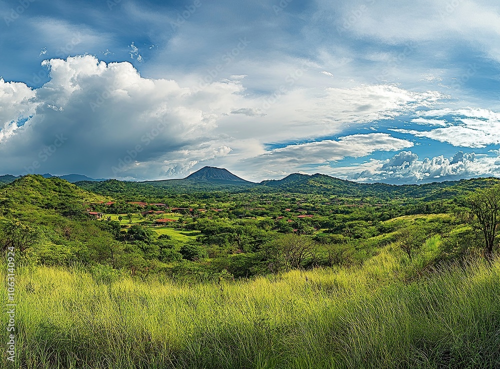 Lush green valley with volcanic mountains in the distance. Lush green valley with volcanic mountains in the distance.