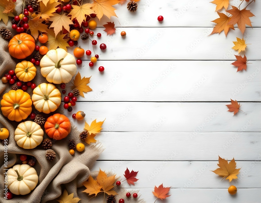 Autumn Pumpkin and Berry Spread on Whitewashed Wood with Burlap Textures – Perfect for Seasonal Designs and Text Placement Autumn Pumpkin and Berry Spread on Whitewashed Wood with Burlap Textures – Perfect for Seasonal Designs and Text Placement