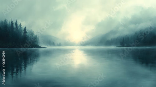 A Calm Lake Shrouded in Morning Fog, with Soft Light Reflecting on the Water’s Surface, Creating a Serene and Tranquil Atmosphere 